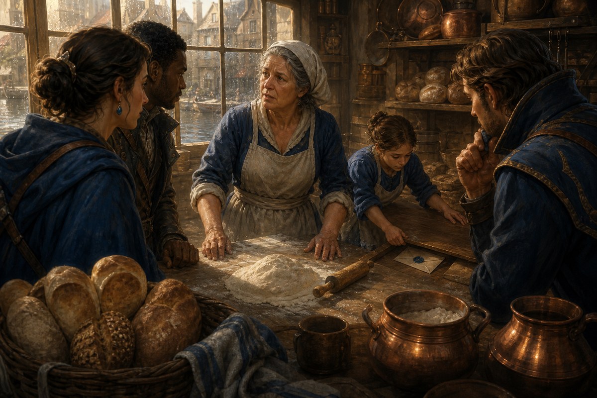 Adventurers questioning a baker while an assistant hides a sealed letter.