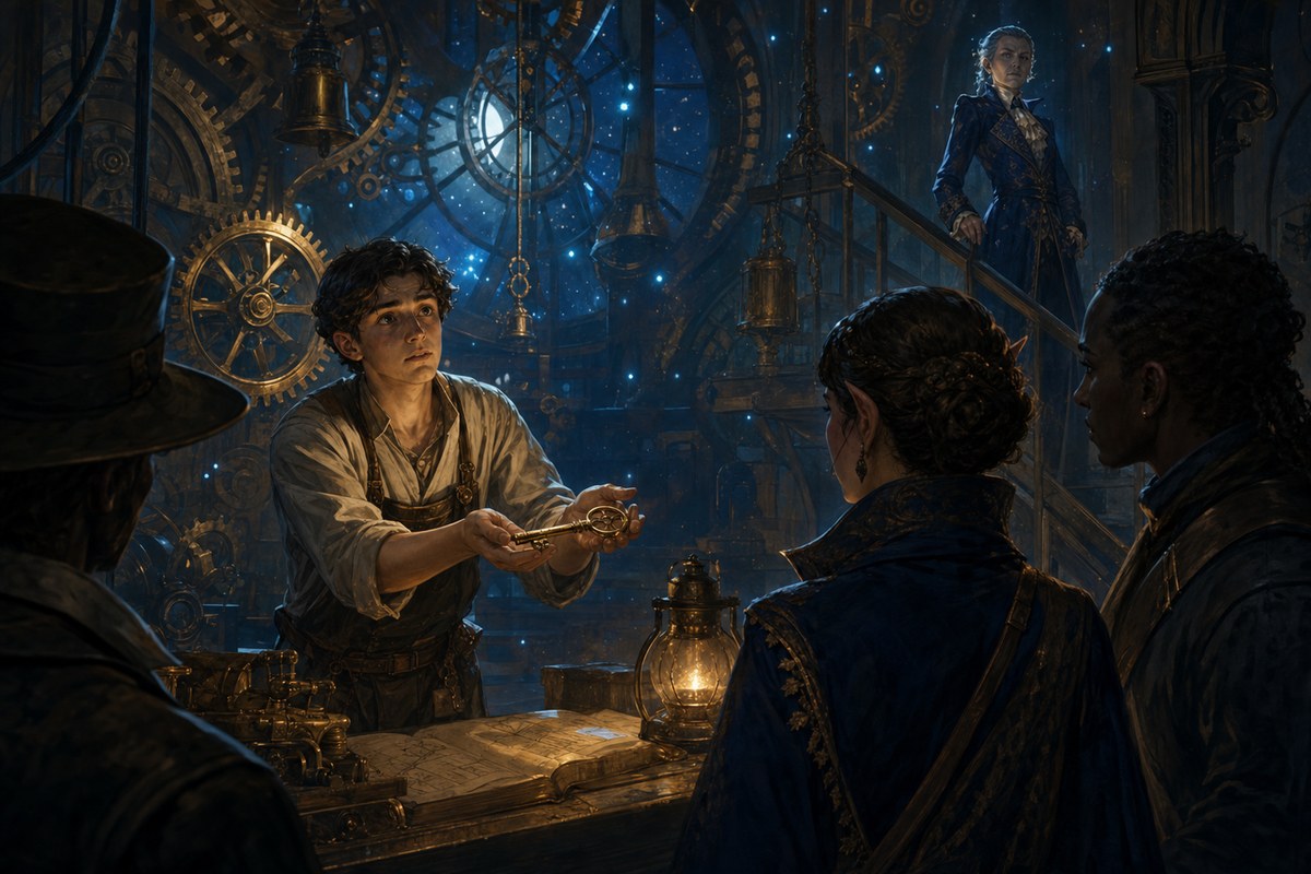 An apprentice clockmaker handing the party a brass key while a magistrate watches.