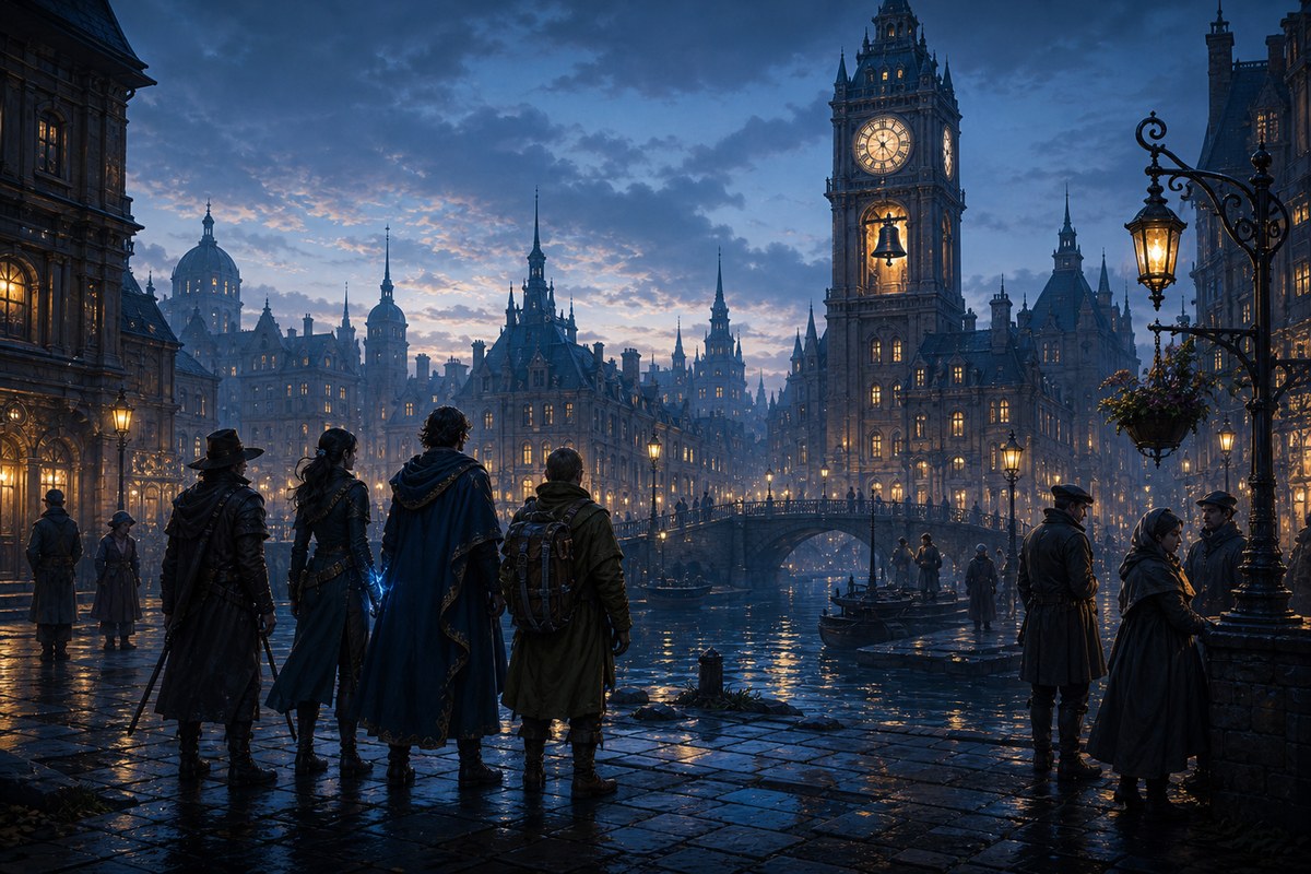 Bramwick at dusk, adventurers facing a canal-side clocktower.