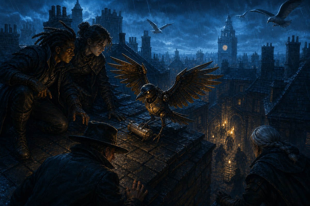 Adventurers on a rainy rooftop finding a courier automaton.