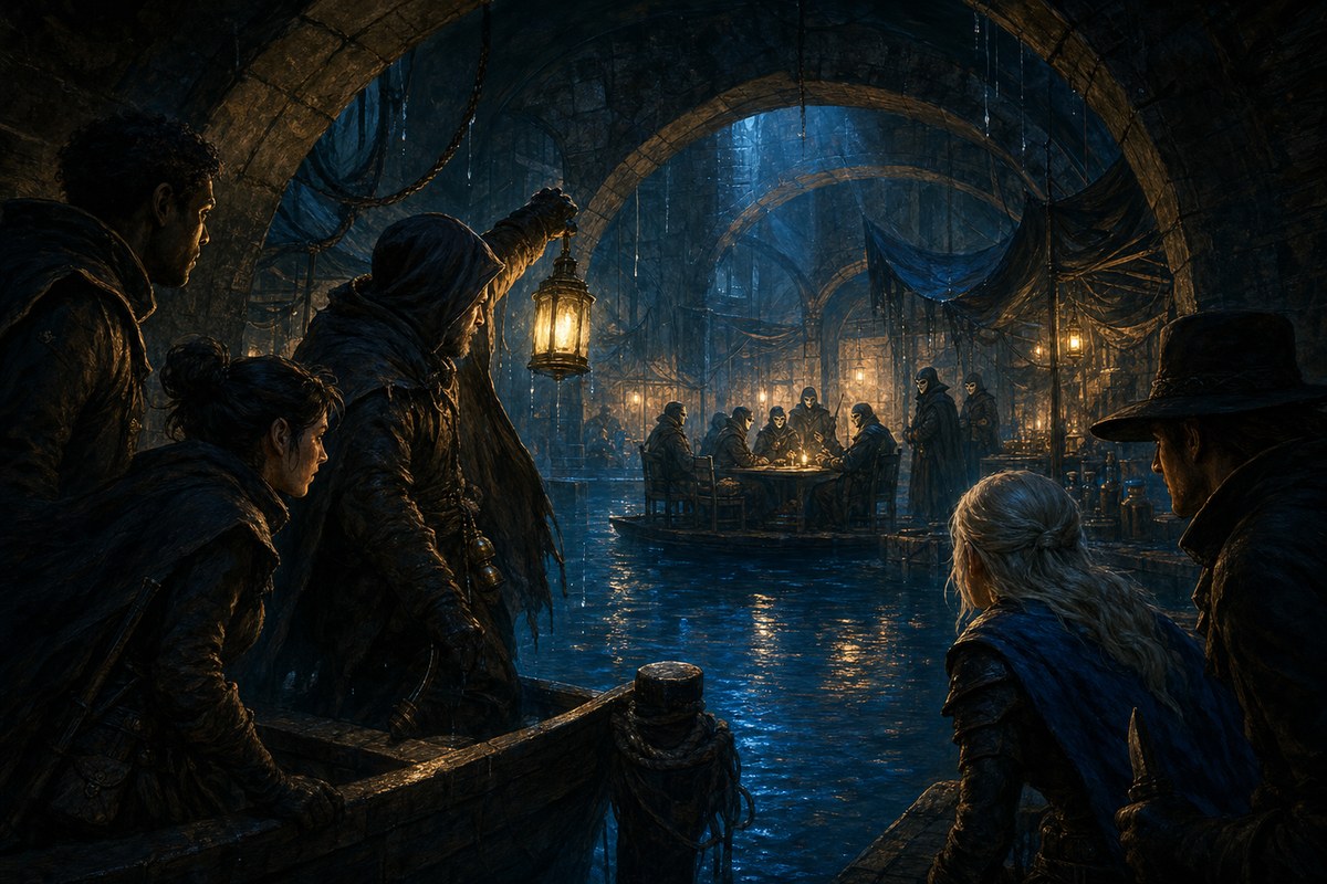 Adventurers following a bell-ringer into a flooded under-market.
